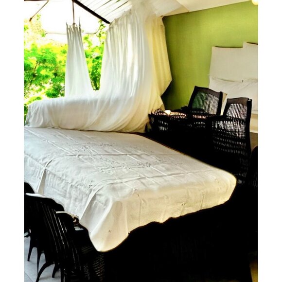 Madeira Tablecloth Beige Scalloped Edges & 8 Lighter Napkins 82x67 Linen Cutwork - Picture 3 of 16